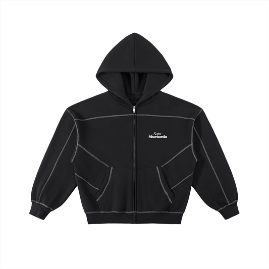 Contrast-Stitched Boxy Fleece Zip Hoodie